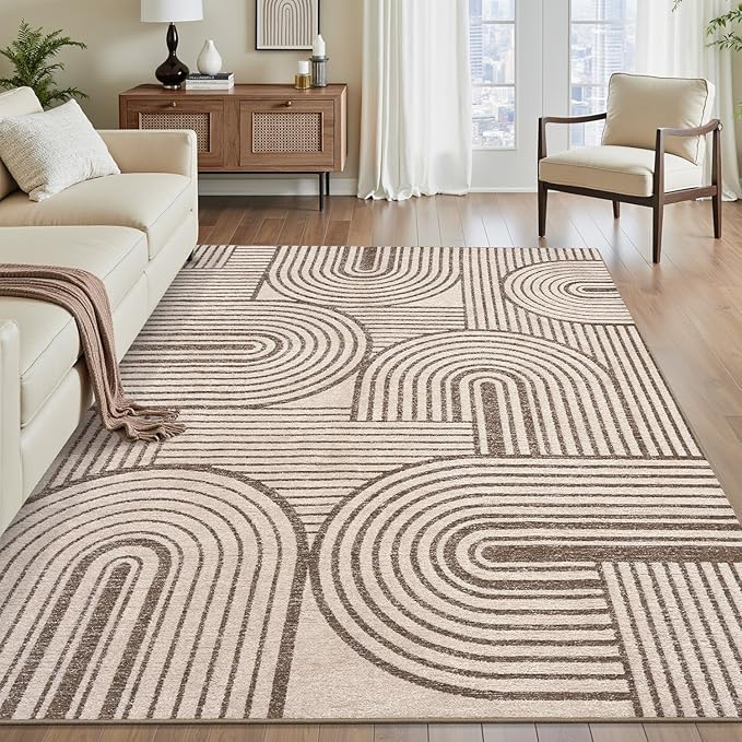 Modern 8x10 Area Rugs Textured Tufted Rugs for Living Room Bedroom Rug-Carpet Taupe Brown Washable Neutral Geometric Moroccan Boho Rug