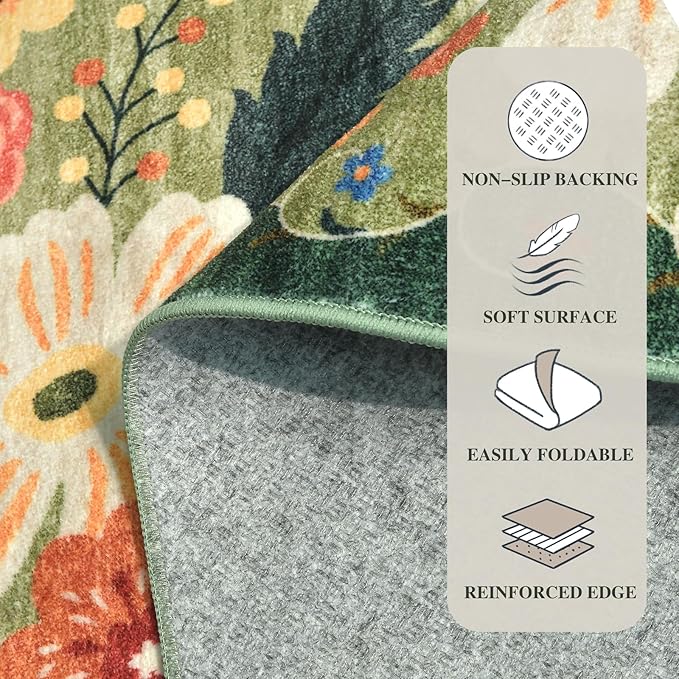 8x10 Washable Area Rug for Living Room, Floral Non-Slip Non-Shedding & Easy Care, Large Soft Low Pile Indoor Floor Carpet for Living Room, Bedroom, Farmhouse, Dining Room, Kids Playroom, Green