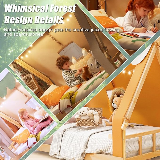 Full Size House Bed for Kids with Light and Tent, Montessori Floor Bed Full for Kids Girls Boys Teens Bedroom, Brown