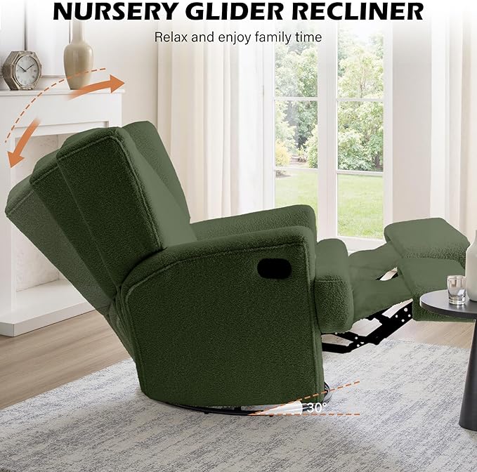 UIXE Swivel Glider Recliner Chairs Set of 2, Boucle High Back Accent Chair Nursery Rocker for Living Room, Upholstered Manual Reclining Sofa Seating with Deep Seat - Green