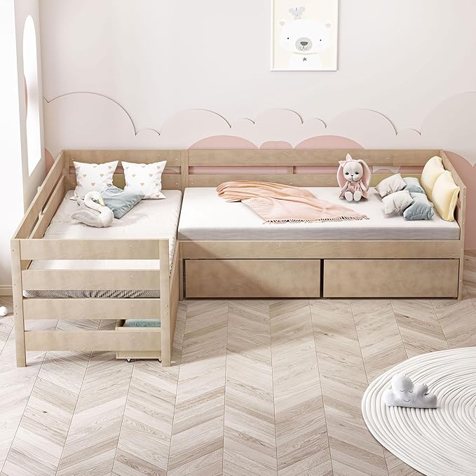 Twin Size L-Shaped Platform Bed for 2, Wood Kids Platform Bed Frame with 3 Storage Drawers and Guardrail for Boys Girls, Sturdy Slats Support (Natural-2.28)