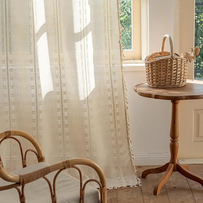 Deeprove Ivory Boho Curtain 84 inches Long for Living Room Bedroom, Vintage Aesthetic Sheer 84 inch Length Beige Cream Stripe Embroidery Privacy Window Tassel Decor W52 x L84, 1 Panel