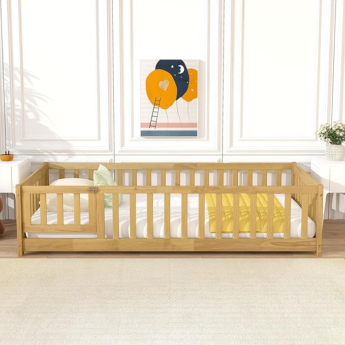 Bellemave Twin Size Floor Bed Frame with Fence and Door for Kids, Montessori Floor Bed with Slats and Safety Guardrails,Solid Wood Twin Bed Frame for Girls Boys,Natural