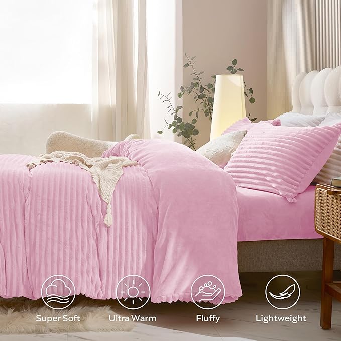 JELLYMONI Plush Duvet Cover Set - Twin Size Pink Striped Fluffy Comforter Cover 2pcs Bedding Set Luxury Ultra Soft Faux Fur Duvet Cover with Zipper and 1 Pillowcase (NO Comforter)