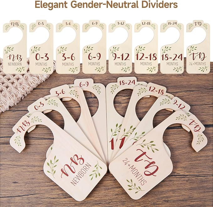 Wooden Baby Closet Dividers - Set of 8 Baby Clothes Organizer from Newborn to Toddler, Double-Sided Gender Neutral Baby Clothes Dividers