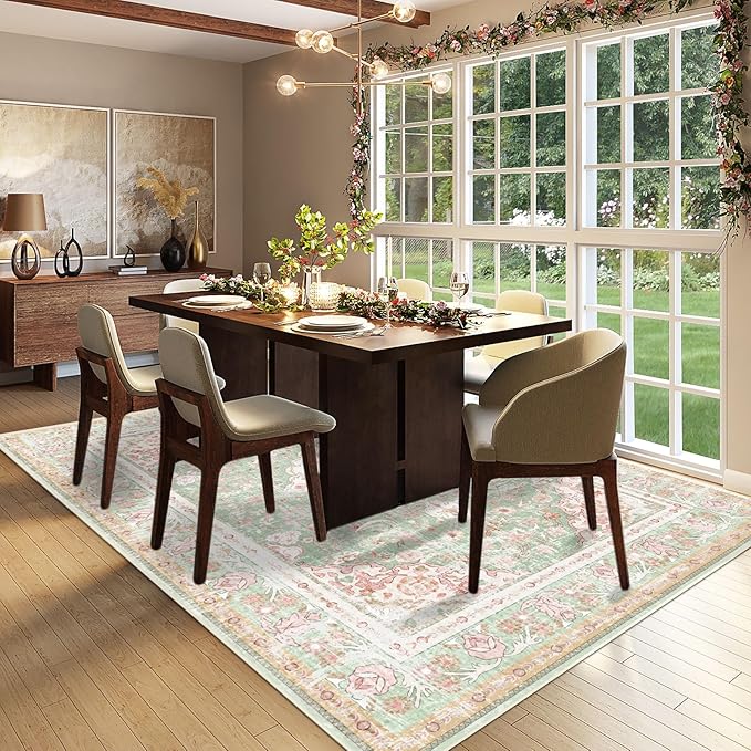 Vhong Washable Area Rugs Boho Vintage Modern Neutral Large Carpet Green and Pink High Traffic Rugs 6×9 for Dinning Room Living Room Bedroom Farmhouse Non Slip