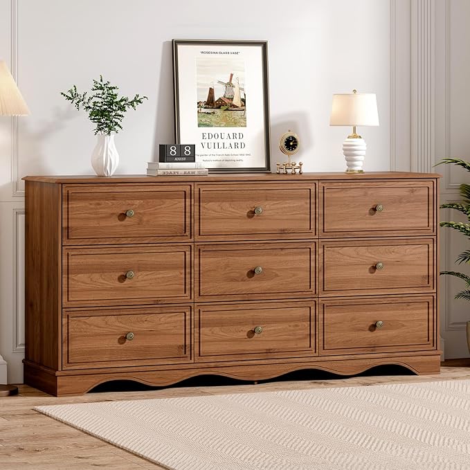 9 Drawer Dresser,63" Wide Mid Century Chest of Drawers,Wooden Bedroom Drawer Dresser with 9 Storage Drawers for Bedroom,Living Room,with Anti-Tipping Device,Umber.