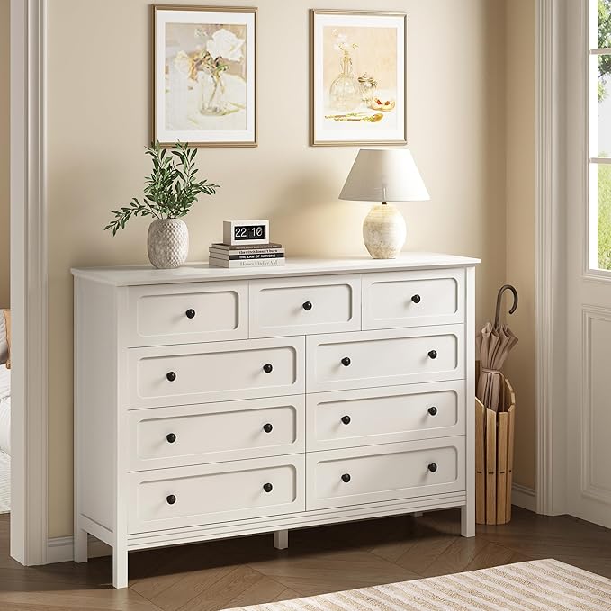 CARPETNAL White Dresser for Bedroom, 55" Wide 9 Drawer Dresser with Metal Handles and Deep Drawers, Modern Large Wood Chest of Drawers for Living Room, Hallway.