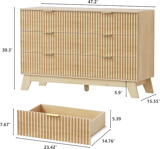 6 Drawer Dresser for Bedroom, Fluted Dressers Chest of Drawers with Gold Handle, Mid Century Modern Dresser for Closet, Wood Closet Storage Organizer Furniture for Bedroom, Living Room, Natural