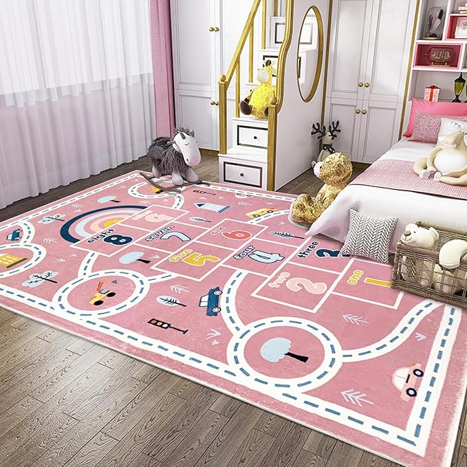 Kids Play Mat Hopscotch Car Area Rug 5x8Ft Extra Large for Girls Bedroom Soft Classroom Educational Learning Children Preschool Car Road Boys Gift, Pink