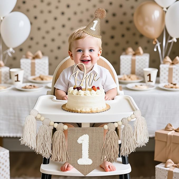 1st Birthday Decorations Boys High Chair Banner With One Cake Topper Brown Conical Hat For First Party