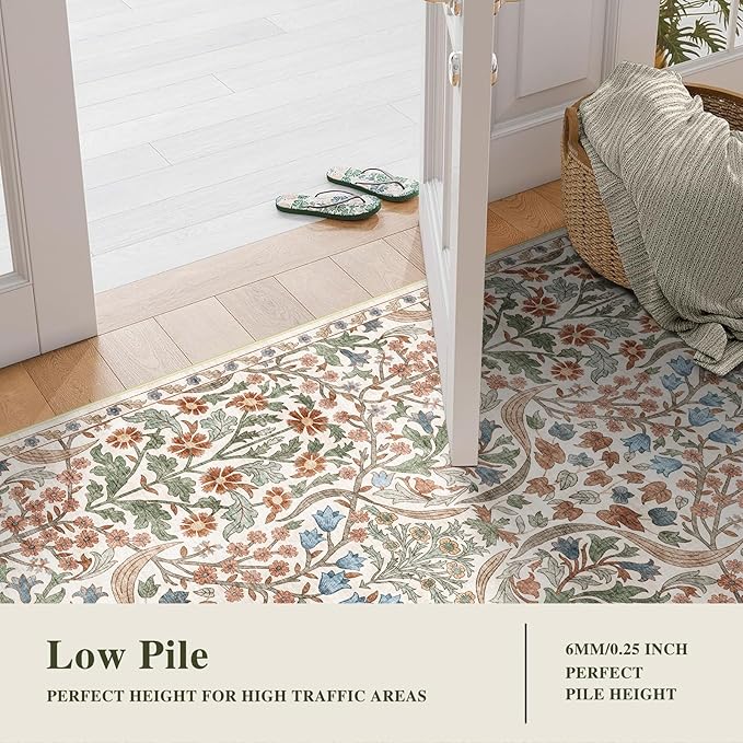 6x9 Washable Area Rug for Living Room, Floral Non-Slip Non-Shedding & Easy Care, Soft Low Pile Botanical Indoor Floor Carpet for Living Room, Bedroom, Farmhouse, Dining Room, Kids Playroom, Beige
