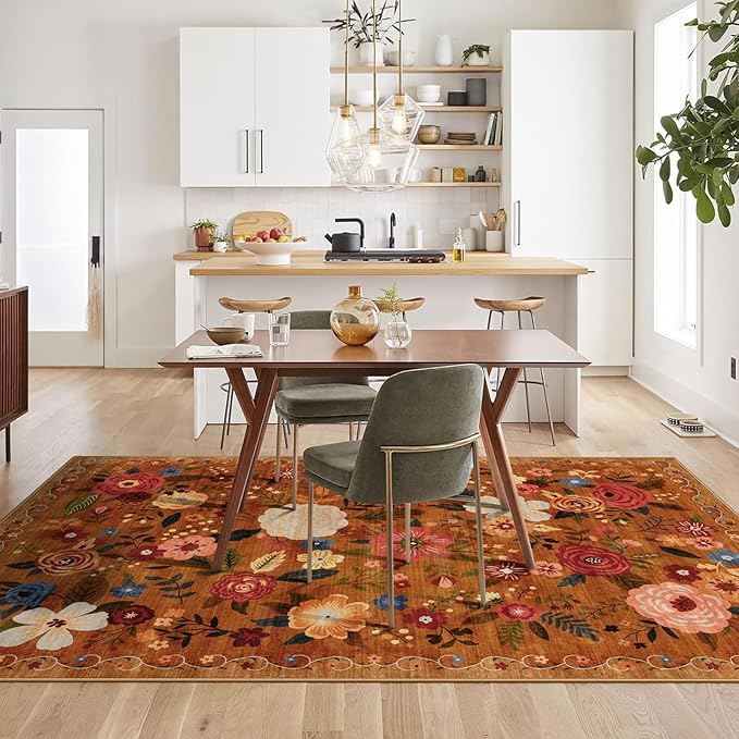6x9 Washable Area Rug for Living Room, Floral Non-Slip Non-Shedding & Easy Care, Soft Low Pile Vintage Indoor Floor Carpet for Living Room, Bedroom, Farmhouse, Dining Room, Kids Playroom, Orange