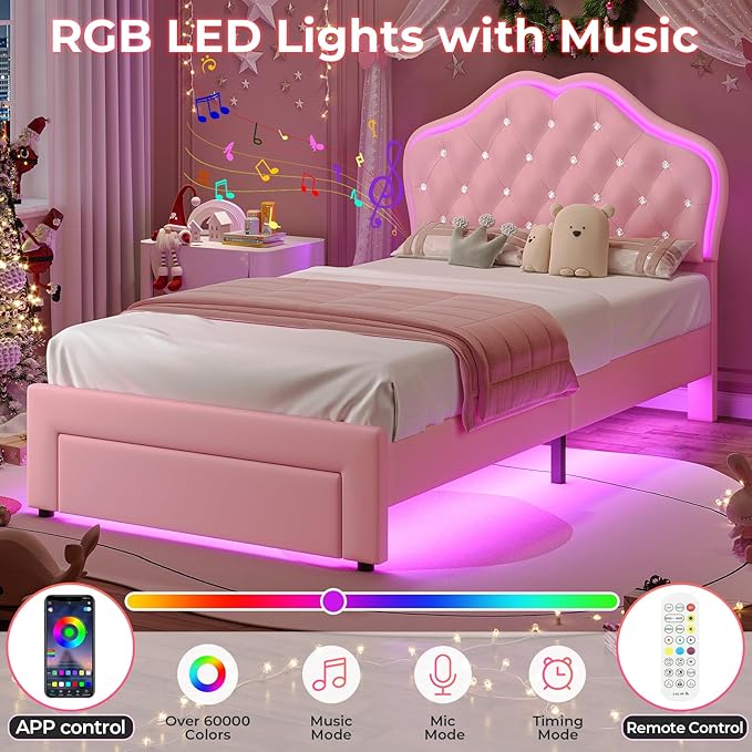 BTHFST Twin Size Girl Bed with Storage Drawer & LED Lights, Upholstered Platform Bed, Adjustable Headboard with Velvet Crystal Button Princess Bed, Solid Wood Slats Support, No Box Spring Needed, Pink