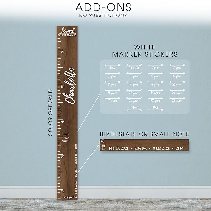 Wooden Kids Growth Height Chart Ruler for Boys and Girls Painted (The No Tippy Toes - Loved Beyond Measure) Back40Life