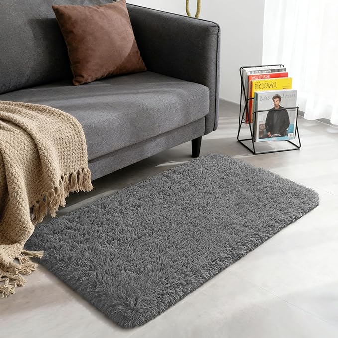 Merelax Soft Modern Indoor Shaggy Area Rug for Bedroom Livingroom Dorm Kids Room Home Decorative, Non-Slip Plush Fluffy Furry Fur Rugs Comfy Nursery Accent Floor Carpet 2x3 Feet, Charcoal