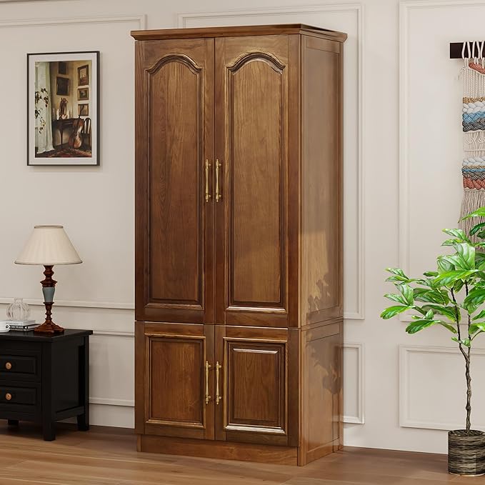 Solid Wood Wardrobe Closet:TemkTuek 70.87" Armoire,Clothing Storage Cabinet with Doors,Shelves and Hanging Rails,Vintage Freestanding,Bedroom,Wood Grain Color(22)