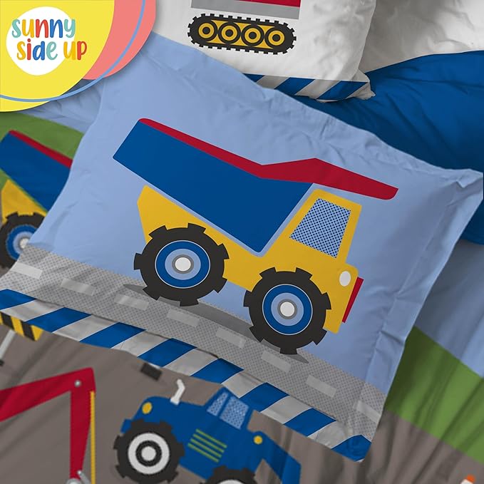 Sunny Side Up Construction Zone Twin Comforter Set - 5 Piece Kids Bedding Includes Comforter, Sheets & Pillow Cover - Super Soft Vehicles Microfiber Bed Set
