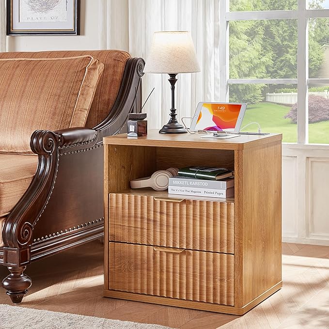 LEYAOYAO Fluted Farmhouse Nightstand Set of 2 with Charging Station, 23" Wide 2 & 3 Drawers Large End Table with Metal Handle, Brown Night Stand Bedside Table, Wood Dresser for Bedroom,Closet