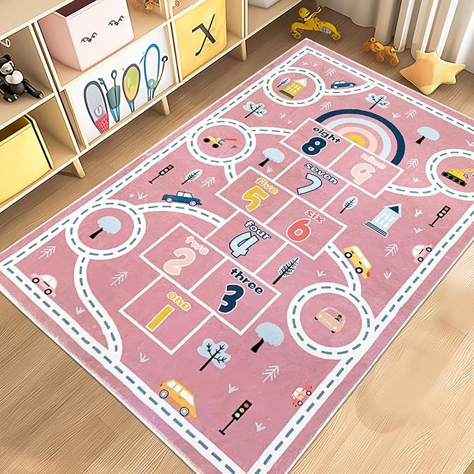 Kids Rug Carpet Hopscotch Play Mat 3x5Ft Pink Car Road Area Rug for Kids Girls Boys Bedroom Playroom Nursery, Nonslip Numbers Educational Children Throw Rug, Indoor Decor, Pink
