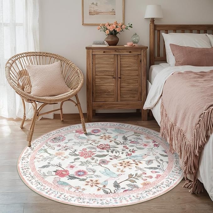 Pink Floral Round Rugs 4ft, Washable Boho Circle Rug for Girls Bedroom, Soft Non-Slip Botanical Nursery Circular Carpet, Modern Flower Birds Throw Rug for Kids Room Living Room