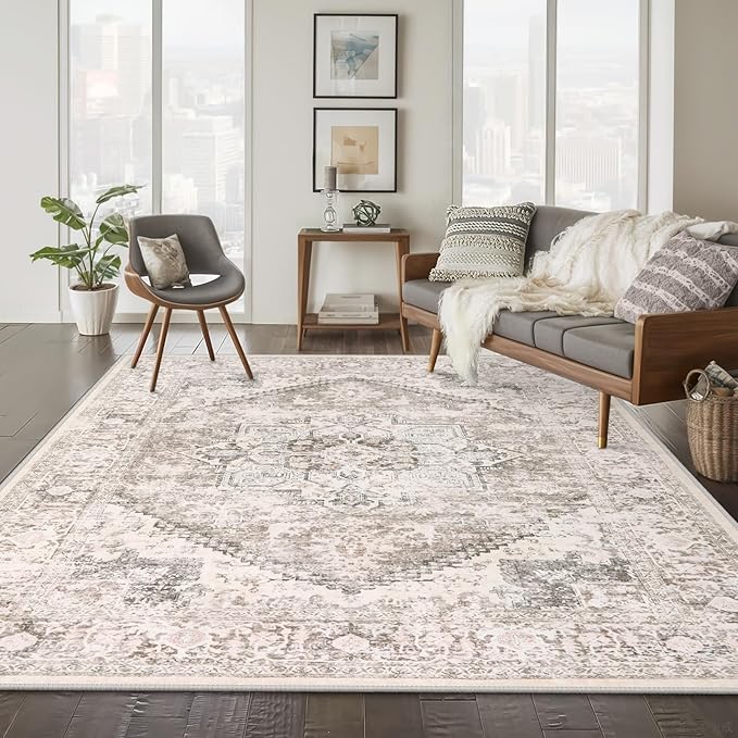 LIVEBOX 8X10 Area Rugs for Living Room, Washable Beige Neutral Boho Rugs Large Soft Non-Slip Rug, Low-Pile Vintage Medallion Rug, Retro Faux Wool Indoor Carpet for Dining Room Bedroom Office
