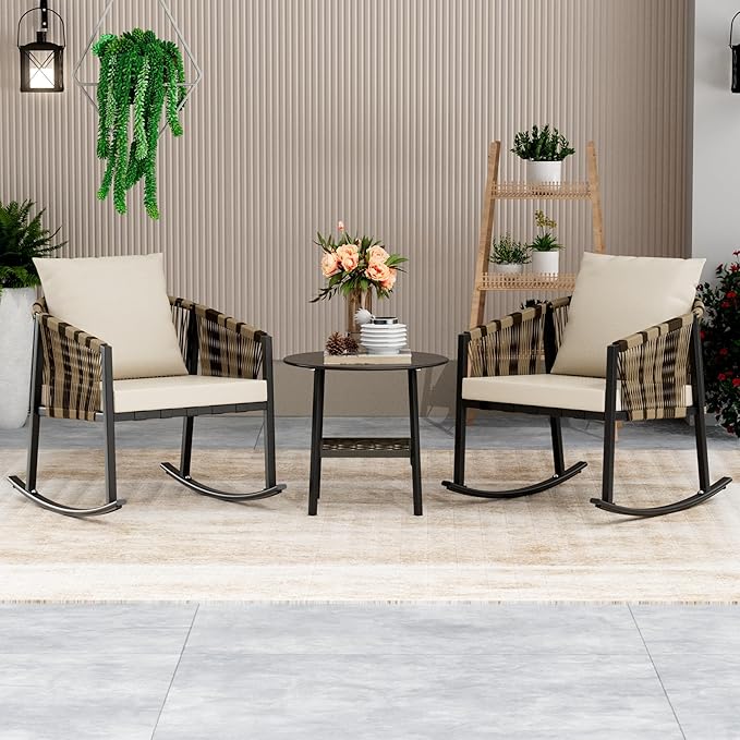DECMICO 3-Piece Outdoor Wicker Patio Conversation Set, Rocking Bistro Chairs with Round Coffee Table for Small Space Balcony Backyard Garden, Beige