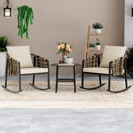 DECMICO 3-Piece Outdoor Wicker Patio Conversation Set, Rocking Bistro Chairs with Round Coffee Table for Small Space Balcony Backyard Garden, Beige