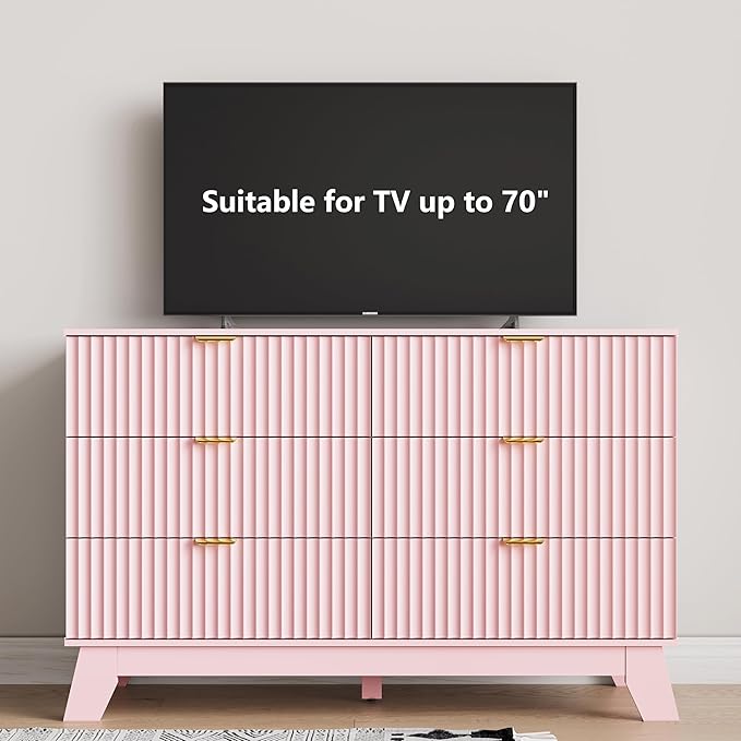 6 Drawer Dresser for Bedroom, Fluted Dressers Chest of Drawers with Gold Handle, Mid Century Modern Dresser for Closet, Wood Closet Storage Organizer Furniture for Bedroom, Living Room, Hallway, Pink