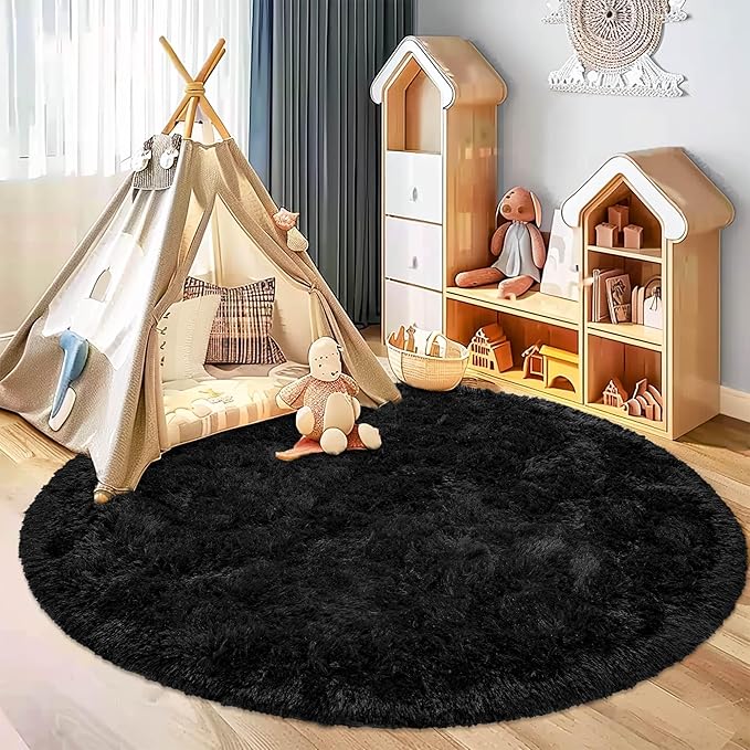 Round Fluffy Circle Rug 6FT Black - Super Soft Shaggy Plush Fuzzy Furry Carpet for Boys Girls Kids Room