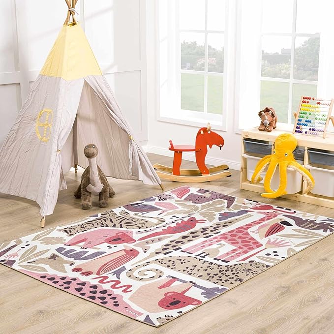 Hauteloom Natal Kids Room, Nursery Machine Washable Area Rug - Animals - Beige, Terracotta - 6'7" x 9'