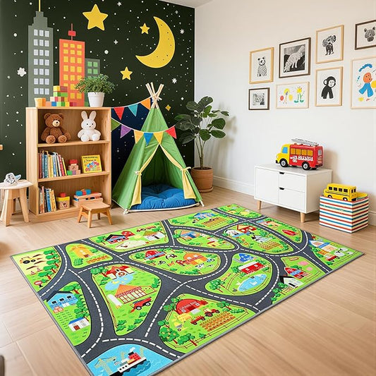 Farmyard Adventure Play Rugs, Educational and Fun Farm Play Mat for Kids, 60"x36" Non-Slip Playmat with Barns, Animals & Crops for Imaginative Play, Nursery, Playroom and Classroom