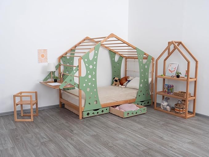 BUSY WOOD Monkey Bed – Twin Frame with Storage & Desk – Montessori Indoor Playground – Jungle Gym Furniture for Kids – Toddler Sleeping Frame with Drawers & Removable Table
