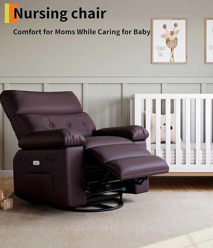 GarveeHome Power Rocker Swivel Recliner Chair - Heat and Massage, PU Leather Electric Glider Rocking Chair with USB Port, Glider Recliner Nursery Chair for Living Room, Bedroom, Nursery
