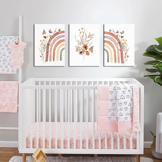 AKWISH Boho Rainbow Wall Art for Girls Room - Set of 3 Framed Wildflower Canvas Prints for Nursery, Baby Girl Room, Kids or Dorm Decor - Soft Pastel Botanical Bohemian Wall Decor 16x24in