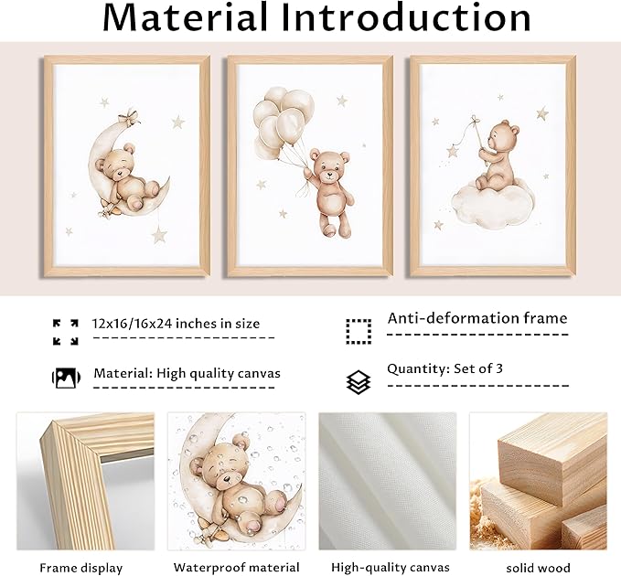 Framed Teddy Bear Wall Art Nursery Decor Set of 3, Bear Sleeping on The Moon and Stars Pictures Canvas, Neutral Bears Poster Prints Wall Decor for Kids Baby Room Girls Children Room – 12x16 inch