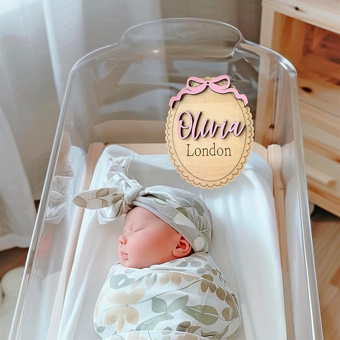 Personalized Baby Name Announcement Sign with Bow, Custom Wooden Name, Scalloped Edge Newborn Photo Prop & Nursery Keepsake (Name Sign)