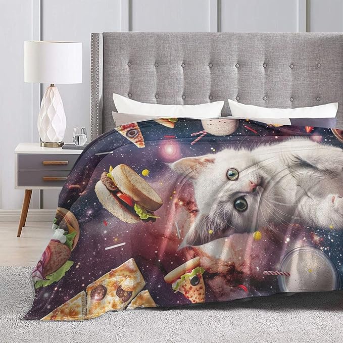 Cat Blanket Space Galaxy Throw Blanket Pizza Burger Flannel Stuff Animals Merch Cozy Decor Fleece Plush Fuzzy Warm Soft Lightweight Bedding Cats Lover Gifts for Men Women Girl Boy Couch 50"X40"