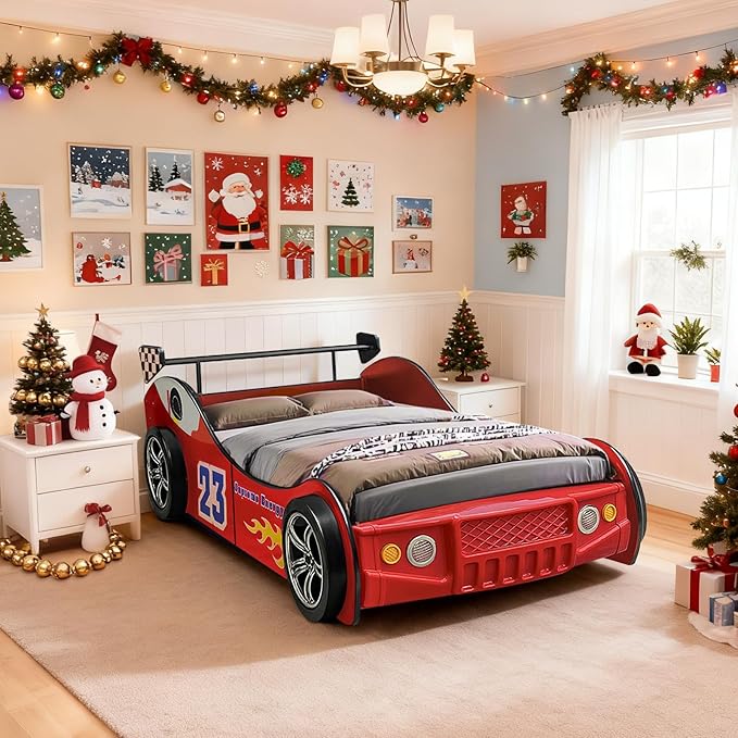 LKTART Twin Size Car Bed for Kids, Race Car-Shaped Wooden Platform Bed Frame with Headboard Wheels and Support Slats for Boys Toddlers Child's Bedroom (Red)