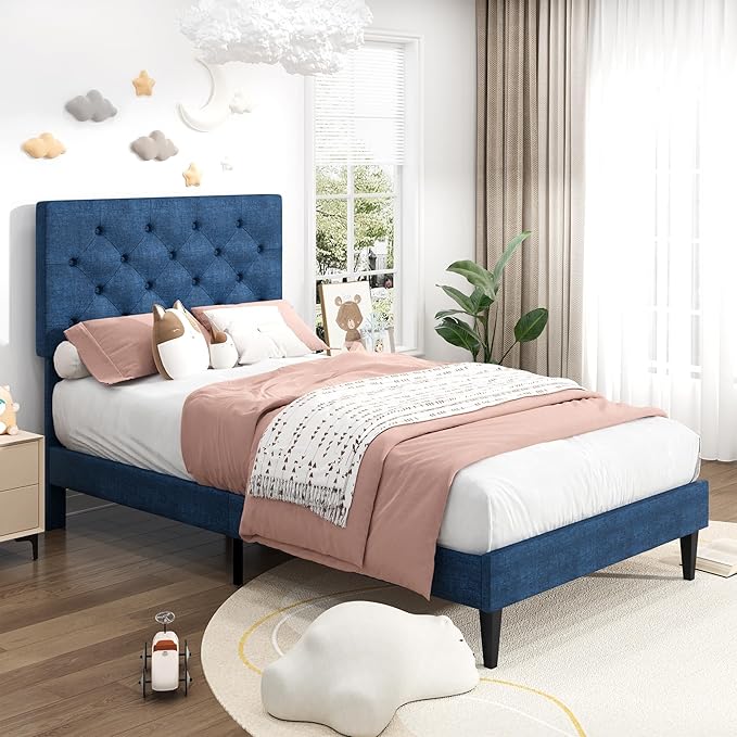 BarnFurin Twin Bed Frames with Button Tufted Headboard, Linen Upholstered Platform Bed with Wooden Slats Support, Easy Assembly, No Box Spring Required, Navy Blue
