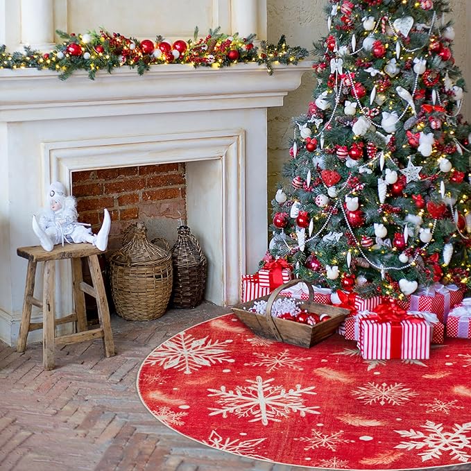 6' Machine Washable Christmas Round Area Rug, Non-Slip Vintage Floral Circle Floor Rugs for Kids, Low Pile Room Carpet for Living Room, Bedroom, Dining Room & Nursery(6' Snowflake)
