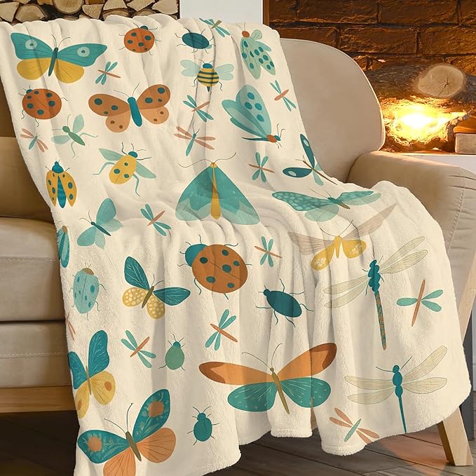 Bugs Insects Throw Blanket Moth Beetle Dragonfly Blanket Soft Cozy Fleece Fuzzy Plush Warm Stuff Bedding Bugs Blankets Gift for Boys Girls Kids Adult Men Women 50"X60"