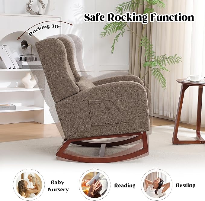 Rocking Chair Nursery with Foot Rest,Teddy Nursery Rocking Chairs, Wingback Nursing Glider Rocker Chair with Pillow and High Back for Nursery, Living Room, Bedroom, Coffee
