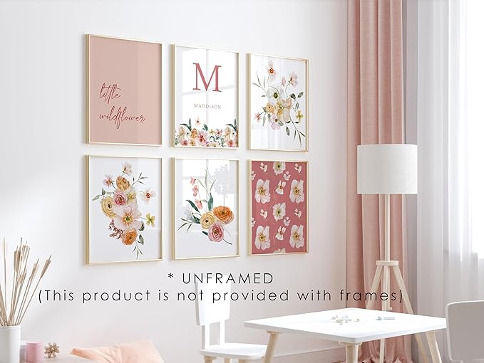 Personalized Name Flower Nursery Wall Art Prints, Crib & Nursery décor, Newborn Baby Girl Gift Present, Floral Baby Girl Room Pictures, Poster For Baby And Kids (6 Prints, Flower 8)