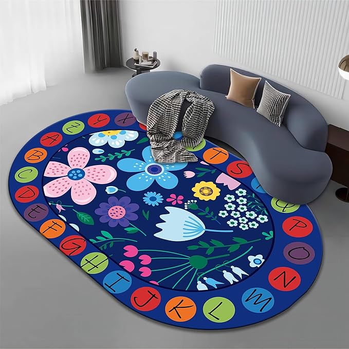 Kids Educational Oval Rug, 5x7ft, ABC Alphabet Learning Play Mat, Cute Colorful Flowers Plants Designs Rugs, Non-Slip Washable Carpet for Bedside Boys Girls Teens Room Nursery Decor Floor Mat