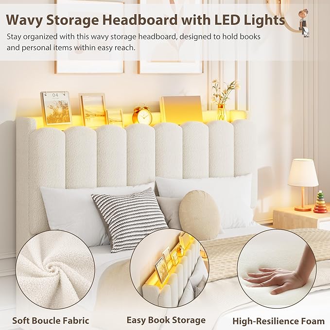 Garvee LED Full Size Bed Frame with Storage Headboard, Kids Bed Frame with 2 Drawers, Boucle Upholstered Platform Bed for Girls, Chic Wavy Headboard with Bookcase, No Box Spring Needed, White