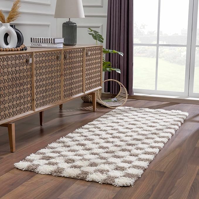 Hauteloom Atira Contemporary Checkered Fluffy Shag Area Rug - Modern Geometric Carpet Tiles for Living Room, Kids Room, Nursery - Plush Pile - Cream,Light Brown - 4' x 6'