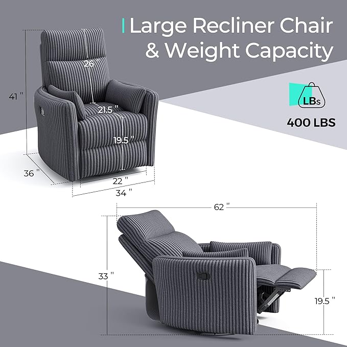 LINSY HOME 360 Swivel Nursery Rocking Chair with 2 Pillows, Corduroy High Back Adult Recliner for Small Spaces, Nursery Glider Rocker Chair, Bedroom Living Room Reclining Chairs (Grey)