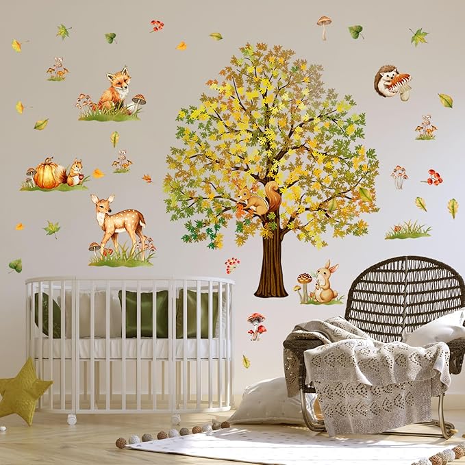 Woodland Forest Wall Decals Large Oak Tree with Animals Removable Peel and Stick Wall Art for Nursery Kids Room Fall Decor Living Room Classroom