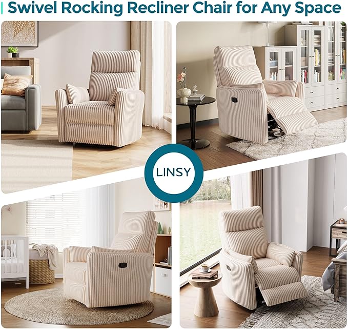 LINSY HOME 360 Swivel Nursery Rocking Chair with 2 Pillows, Corduroy High Back Adult Recliner for Small Spaces, Nursery Glider Rocker Chair, Bedroom Living Room Reclining Chairs (Beige)